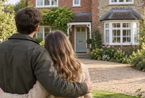 Couple standing arm in arm outside a brick family home